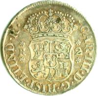 obverse of 2 Reales - Carlos III - Colonial Milled Coinage (1767 - 1770) coin with KM# 48 from Bolivia. Inscription: CAR · III · D · G · HISP · ET · IND · R ·