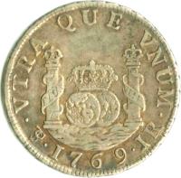 reverse of 2 Reales - Carlos III - Colonial Milled Coinage (1767 - 1770) coin with KM# 48 from Bolivia. Inscription: VTRA QUE VNUM