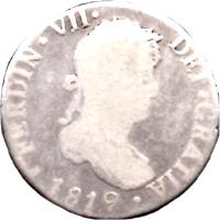 obverse of 2 Reales - Fernando VII - Colonial Milled Coinage (1808 - 1825) coin with KM# 83 from Bolivia. Inscription: FERDIN VII DEI GRATIA 1819