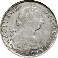 Bolivia coin 8 Reales - Carlos III - Colonial Milled Coinage (1773 - 1789) obverse obverse of 8 Reales - Carlos III - Colonial Milled Coinage (1773 - 1789) coin with KM# 55 from Bolivia. Inscription: CAROLUS. III. DEI. GRATIA. 1780