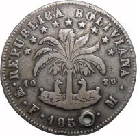 reverse of 8 Soles (1848 - 1851) coin with KM# 109 from Bolivia. Inscription: REPUBLICA BOLIVIANA 10 20 .F.1851.M.