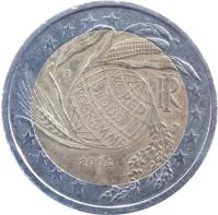 obverse of 2 Euro - World Food Program (2004) coin with KM# 237 from Italy. Inscription: WORLD FOOD PROGRAMME RI R UP 2004