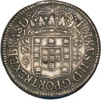 obverse of 320 Réis - Pedro II - Narrow crown (1695 - 1698) coin with KM# 82 from Brazil.