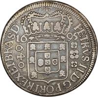 Brazil coin 640 Réis - Pedro II (1695 - 1698) obverse obverse of 640 Réis - Pedro II (1695 - 1698) coin with KM# 84 from Brazil.
