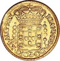 obverse of 4000 Réis - João V (1707 - 1727) coin with KM# 102 from Brazil. Inscription: IOANNES.V.D.G.REX.PORT.ET.ALG.REX *4000*