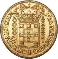 obverse of 20000 Réis - João V (1724 - 1727) coin with KM# 117 from Brazil. Inscription: IOANNES.V.D.G.PORT.ET.ALG.REX 20000