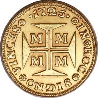 reverse of 20000 Réis - João V (1724 - 1727) coin with KM# 117 from Brazil. Inscription: *1725* *IN*HOC*SIGNO*VINCES* M M M M