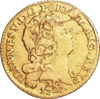 Brazil coin 800 Réis - João V (1727 - 1734) obverse obverse of 800 Réis - João V (1727 - 1734) coin with KM# 120 from Brazil. Inscription: IOANNES. V. D. G. PORT. ET. ALG. REX. 1734. M.