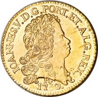 Brazil coin 6400 Réis - João V (1731 - 1750) obverse obverse of 6400 Réis - João V (1731 - 1750) coin with KM# 149 from Brazil. Inscription: IOANNES. V. D. G. PORT. ET. ALG. REX. 1743. R.
