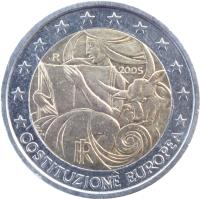 Italy coin 2 Euro - European Constitution (2005) obverse obverse of 2 Euro - European Constitution (2005) coin with KM# 245 from Italy. Inscription: COSTITUZIONE EUROPEA RI 2005 R MCC