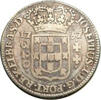 obverse of 320 Réis - José I (1751 - 1758) coin with KM# 169 from Brazil. Inscription: JOSEPHUS · I · D · G · PORT · REX · ET · BRAS · D 17 57 · 320 ·