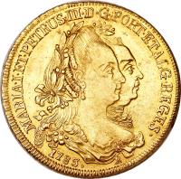 Brazil coin 1 Peça - Maria I (1777 - 1786) obverse obverse of 1 Peça - Maria I (1777 - 1786) coin with KM# 199 from Brazil. Inscription: MARIA.I.ET.PETRUS.III.D.G.PORT.ET.ALG.REGENS 1783_R