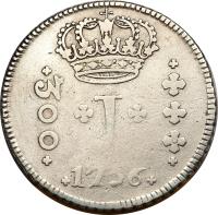 obverse of 300 Réis - José I (1752 - 1758) coin with KM# 178 from Brazil. Inscription: + 300 + + J + .1756.