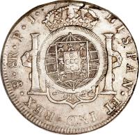 reverse of 960 Réis - João Prince Regent - Cuiaba; Countermarked (1821) coin with KM# 350 from Brazil.