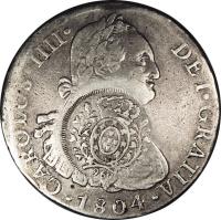 obverse of 960 Réis - João Prince Regent - Minas Gerais; Countermarked (1808) coin with KM# 251 from Brazil. Inscription: CAROLUS · IIII · DEI · GRATIA · 1804 ·