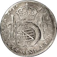 reverse of 960 Réis - João Prince Regent - Minas Gerais; Countermarked (1808) coin with KM# 251 from Brazil. Inscription: · HISPAN · ET · IND · REX · M · 8R J · P ·