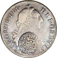 obverse of 960 Réis - João Prince Regent - Minas Gerais; Countermarked (1808) coin with KM# 240 from Brazil. Inscription: CAROLUS · III · DEI · GRATIA · 960