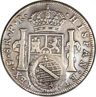 reverse of 960 Réis - João Prince Regent - Minas Gerais; Countermarked (1808) coin with KM# 240 from Brazil. Inscription: · HISPAN · ET REX · PTS · 8 R · P · R ·