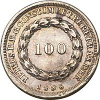 obverse of 100 Réis - Pedro II (1834 - 1848) coin with KM# 452 from Brazil. Inscription: PETRUS.IID.G.CONST.IMP.ETPERP.BRAS.DBP. 100 1834