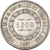 obverse of 1000 Réis - Pedro II (1867) coin with KM# Pn131 from Brazil.