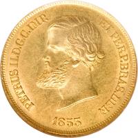obverse of 10000 Réis - Pedro II (1853 - 1889) coin with KM# 467 from Brazil. Inscription: PETRUS II.D.G.C.IMP. ET PERP.BRAS.DEF. 1853