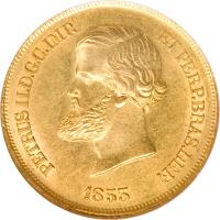 Brazil coin 10000 Réis - Pedro II (1853 - 1889) obverse obverse of 10000 Réis - Pedro II (1853 - 1889) coin with KM# 467 from Brazil. Inscription: PETRUS II.D.G.C.IMP. ET PERP.BRAS.DEF. 1853