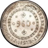 obverse of 960 Réis - Pedro I (1823 - 1827) coin with KM# 368 from Brazil. Inscription: PETRUS.I.D.G.CONST.IMP.ET.PERP.BRAS.DEF 1827.R