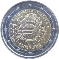 Italy coin 2 Euro - 10 Years of Euro Cash (2012) obverse obverse of 2 Euro - 10 Years of Euro Cash (2012) coin with KM# 350 from Italy. Inscription: REPUBBLICA ITALIANA R A.H. · 2002 2012