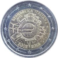 obverse of 2 Euro - 10 Years of Euro Cash (2012) coin with KM# 350 from Italy. Inscription: REPUBBLICA ITALIANA R A.H. · 2002 2012