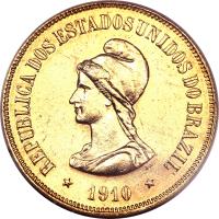obverse of 20000 Réis (1889 - 1922) coin with KM# 497 from Brazil. Inscription: REPUBLICA DOS ESTADOS UNIDOS DO BRAZIL 1910