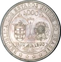 reverse of 4000 Réis - Anniversary of Colonization (1900) coin with KM# 502 from Brazil.