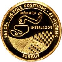 Brazil coin 20 Reais - Ayrton Senna (1995) reverse reverse of 20 Reais - Ayrton Senna (1995) coin with KM# 644 from Brazil. Inscription: 161 GPs · 65 POLE POSITIONS · 41 VITÓRIAS MÔNACO INTERLAGOS 20 REAIS