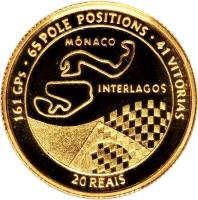 reverse of 20 Reais - Ayrton Senna (1995) coin with KM# 644 from Brazil. Inscription: 161 GPs · 65 POLE POSITIONS · 41 VITÓRIAS MÔNACO INTERLAGOS 20 REAIS