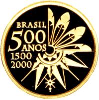 Brazil coin 20 Reais - Discovery of Brazil (2000) obverse obverse of 20 Reais - Discovery of Brazil (2000) coin with KM# 655 from Brazil. Inscription: BRASIL 500 ANOS 1500 2000