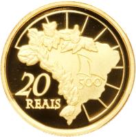 reverse of 20 Reais - Discovery of Brazil (2000) coin with KM# 655 from Brazil. Inscription: 20 500 REAIS