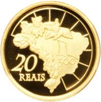 Brazil coin 20 Reais - Discovery of Brazil (2000) reverse reverse of 20 Reais - Discovery of Brazil (2000) coin with KM# 655 from Brazil. Inscription: 20 500 REAIS
