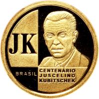 obverse of 20 Reais - Juscelino Kubitschek de Oliveira (2002) coin with KM# 659 from Brazil. Inscription: JK BRASIL CENTENÁRIO JUSCELINO KUBITSCHEK