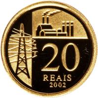 Brazil coin 20 Reais - Juscelino Kubitschek de Oliveira (2002) reverse reverse of 20 Reais - Juscelino Kubitschek de Oliveira (2002) coin with KM# 659 from Brazil. Inscription: 20 REAIS 2002