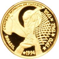 obverse of 20 Reais - World Cup Soccer (1994) coin with KM# 639 from Brazil. Inscription: CAMPEAO MUNDIAL DE FUTEBOL BRASIL	*1994	*1970 *1962 *1958
