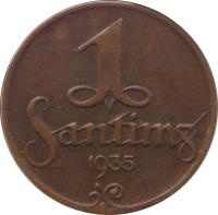 reverse of 1 Santims (1922 - 1935) coin with KM# 1 from Latvia. Inscription: 1 SANTIMS 1935