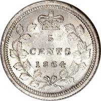 reverse of 5 Cents - Victoria (1862 - 1864) coin with KM# 7 from Canadian provinces. Inscription: 5 CENTS 1864