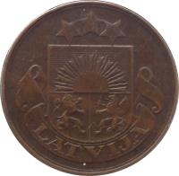 obverse of 5 Santimi (1922 - 1923) coin with KM# 3 from Latvia. Inscription: LATVIJA