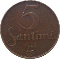 Latvia coin 5 Santimi (1922 - 1923) reverse reverse of 5 Santimi (1922 - 1923) coin with KM# 3 from Latvia. Inscription: 5 SANTIMI