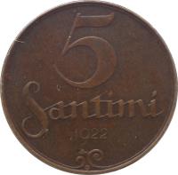 reverse of 5 Santimi (1922 - 1923) coin with KM# 3 from Latvia. Inscription: 5 SANTIMI