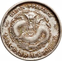 China coin 1 Mace and 4.4 Candareens - Guangxu (1908) reverse reverse of 1 Mace and 4.4 Candareens - Guangxu (1908) coin with Y# 181c from China. Inscription: KIRIN PROVINCE 1 MACE AND 44 CANDAREENS