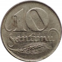 reverse of 10 Santimu (1922) coin with KM# 4 from Latvia. Inscription: 10 SANTIMU