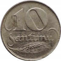 Latvia coin 10 Santimu (1922) reverse reverse of 10 Santimu (1922) coin with KM# 4 from Latvia. Inscription: 10 SANTIMU