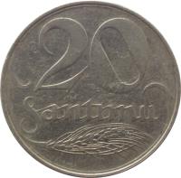 reverse of 20 Santimu (1922) coin with KM# 5 from Latvia. Inscription: 20 SANTIMU