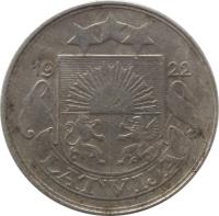 obverse of 50 Santimu (1922) coin with KM# 6 from Latvia. Inscription: 1922 LATVIJA
