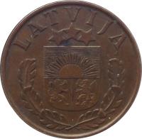 obverse of 2 Santimi (1937 - 1939) coin with KM# 11 from Latvia. Inscription: LATVIJA